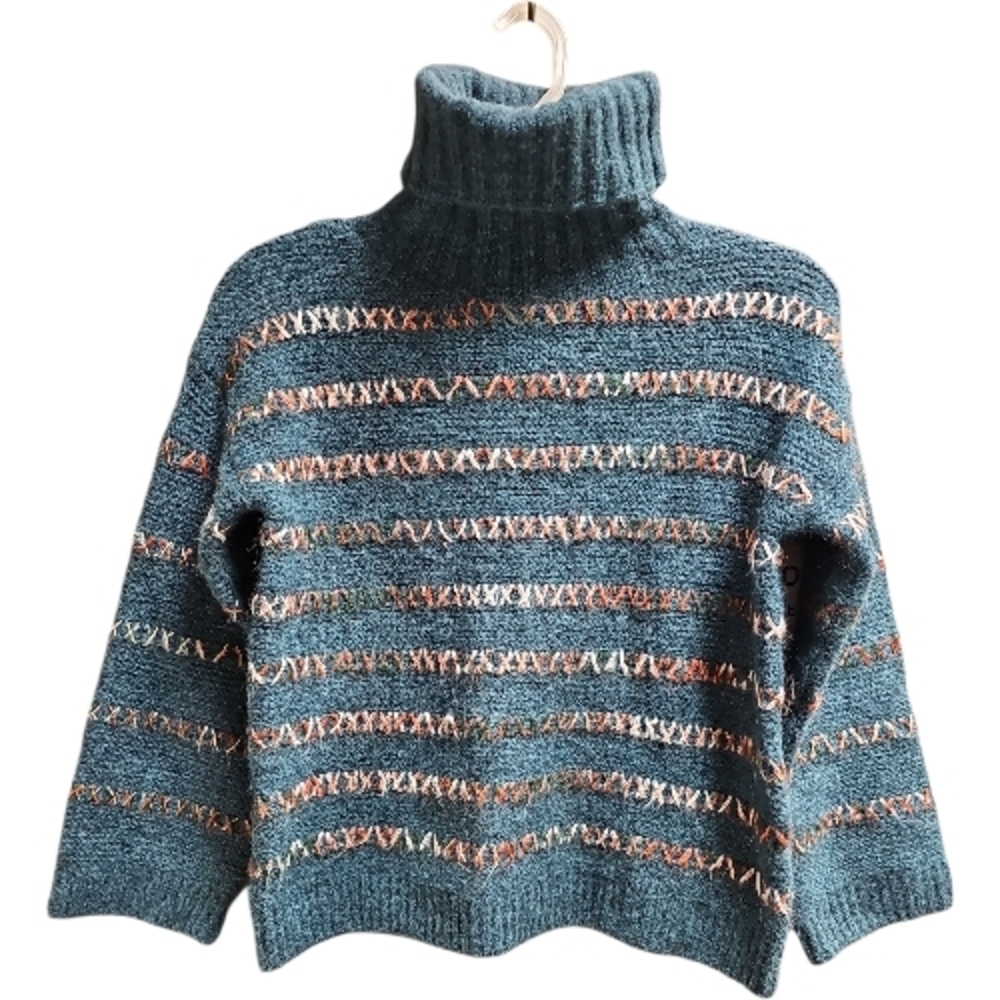 Molly Bracken Trendy Elegant Teal Striped Turtleneck Sweater